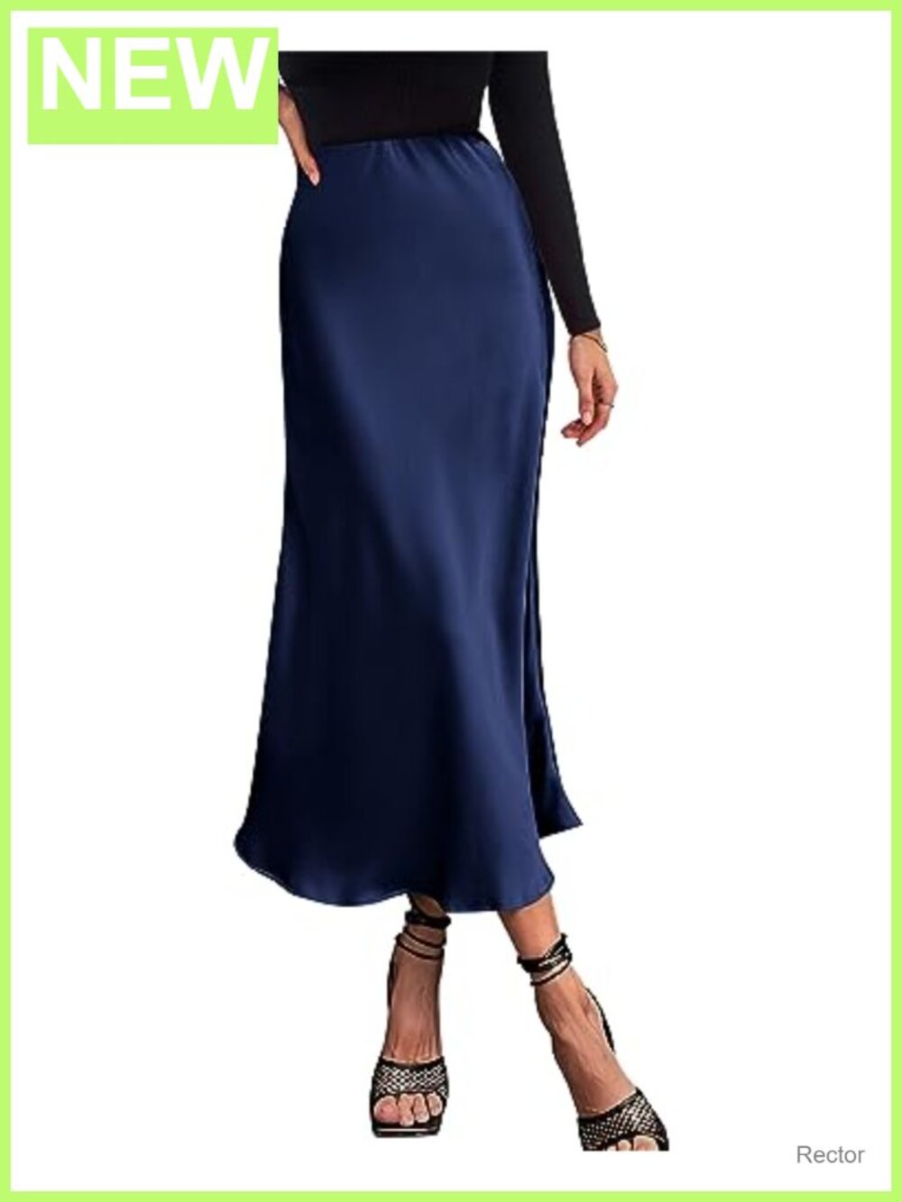 Satin High Waisted A-Line Midi Skirt Ruffle Hem Elastic Waist